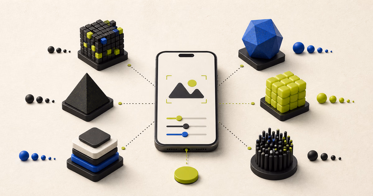 Phone connected to several geometric AI model modules with different sizes and structures