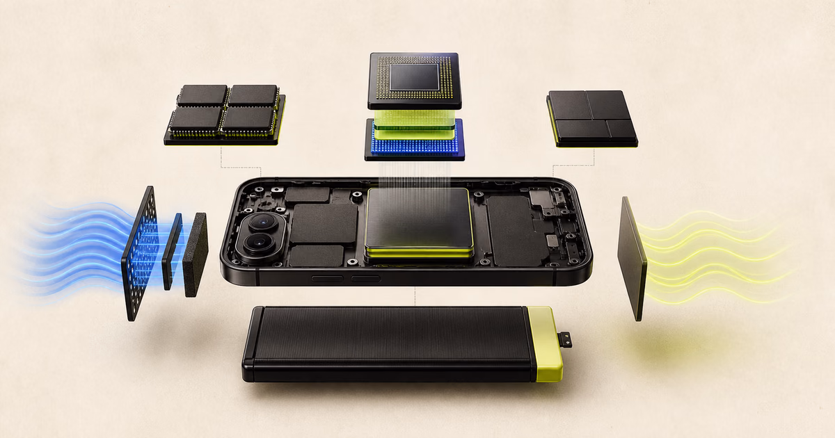 Exploded mobile device showing processor, memory, storage, battery, and thermal components