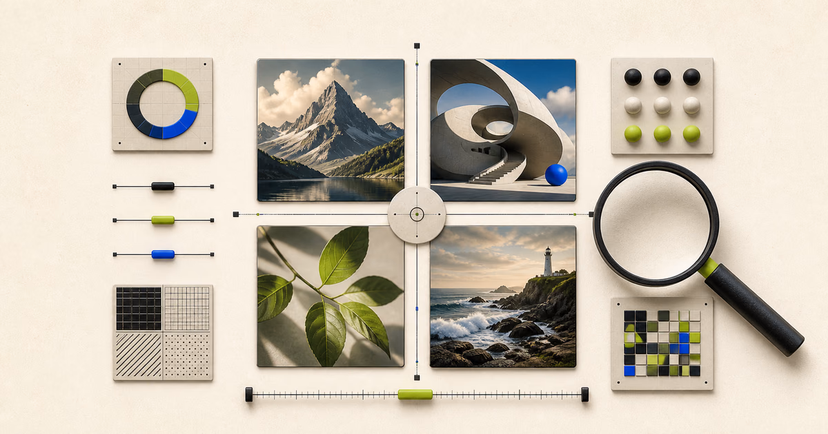 Four generated image samples arranged on a neutral evaluation grid with measurement tools