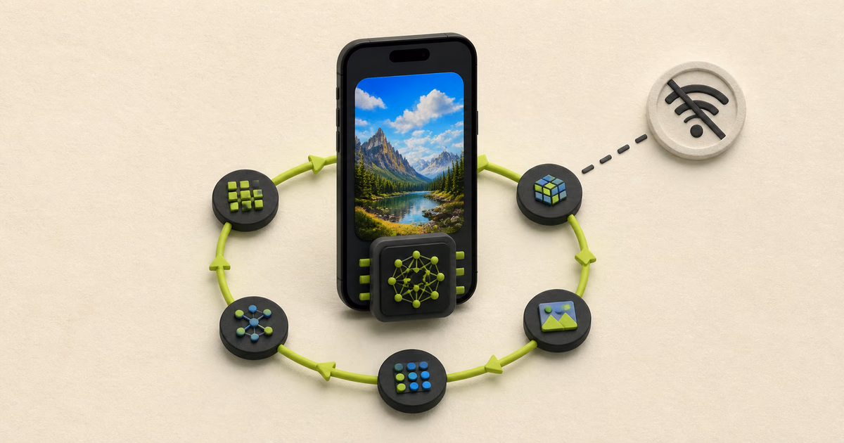 Phone generating a landscape inside a closed local loop beside a disconnected network symbol