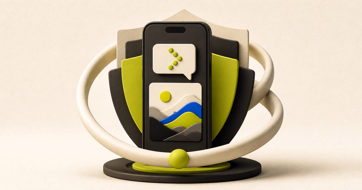 Phone protected by layered shields while a prompt and generated image remain inside the device boundary